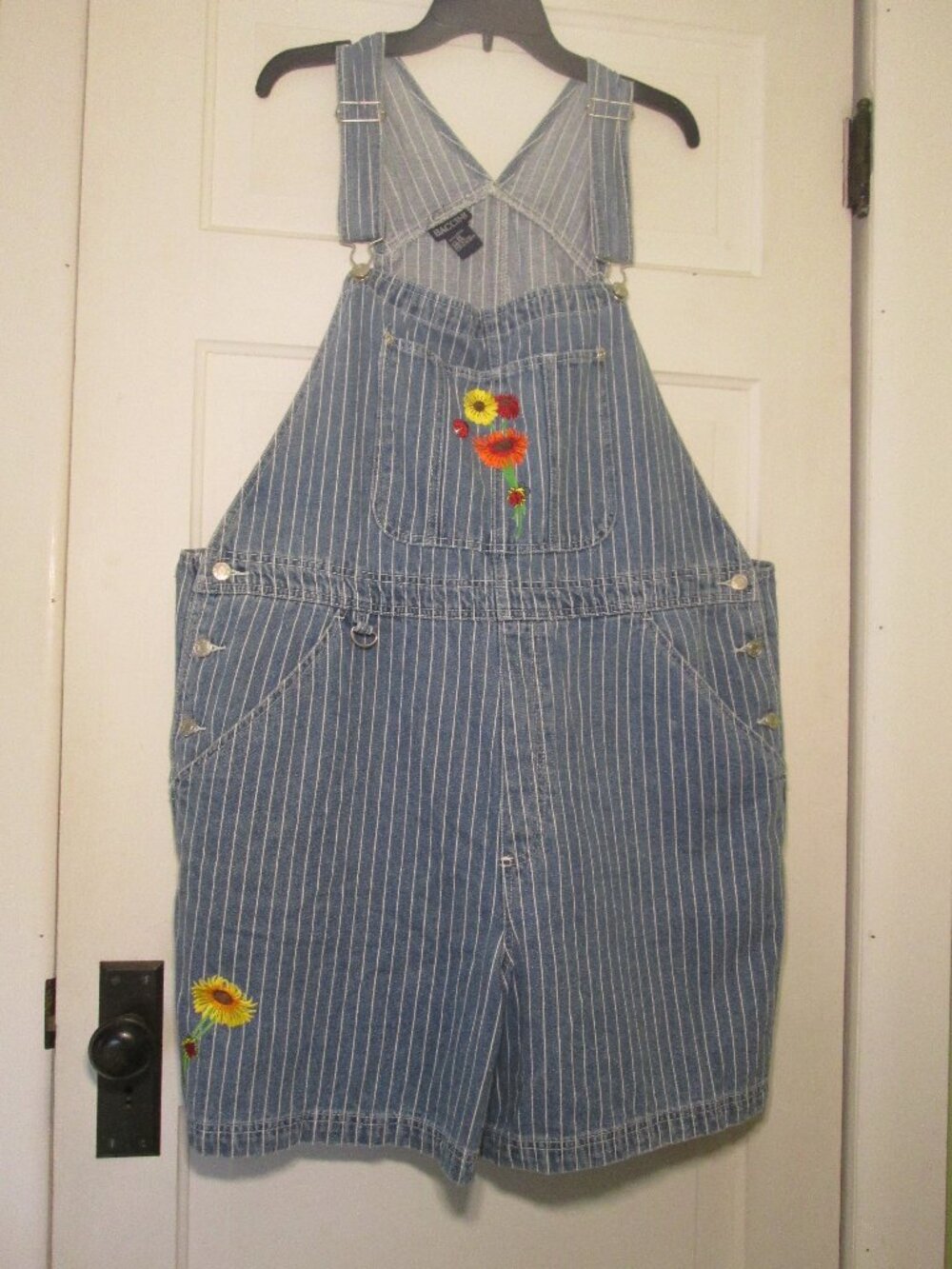 Vintage Baccini Denim Jean Shortalls Shorts Overalls Size 24 Embroidered Striped